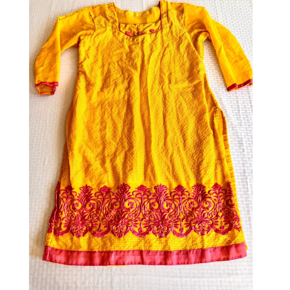 Yellow Pink Embroidered Kurti Tunic Dress Kantha Stitch Ethnic Boho Top L